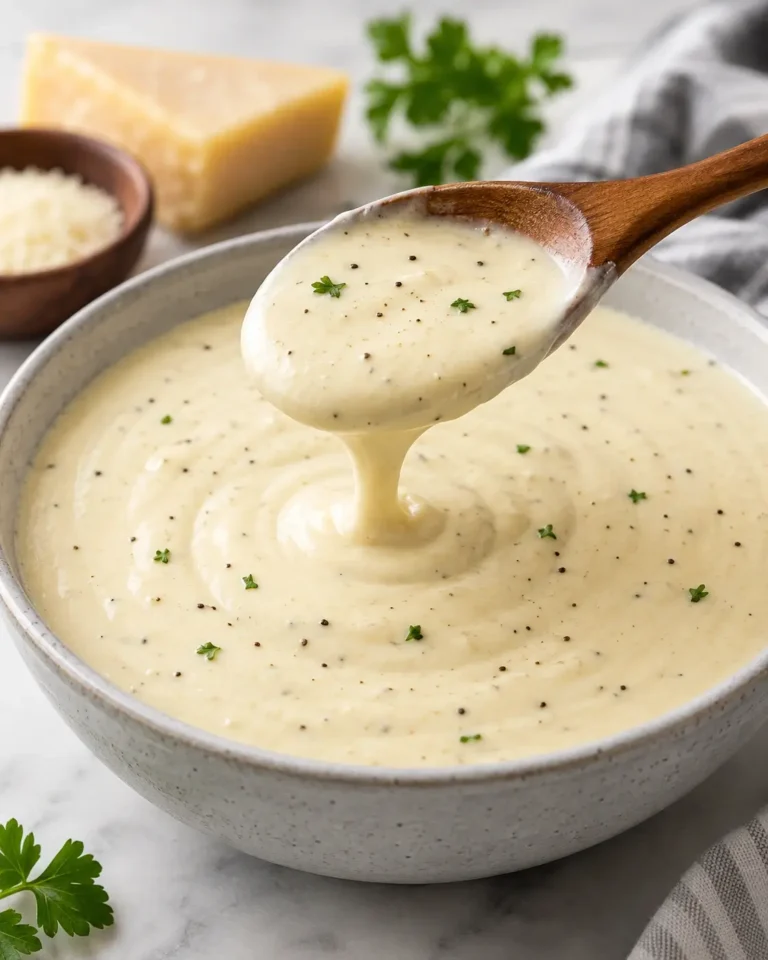 Creamy homemade Alfredo sauce in a white ceramic bowl
