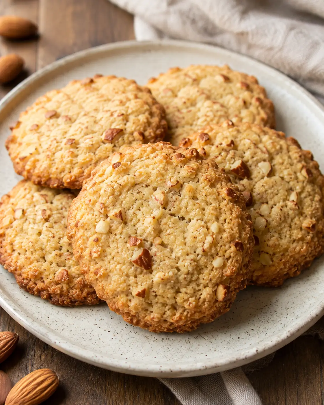 Golden almond cookies with chopped almonds on a ceramic plate.