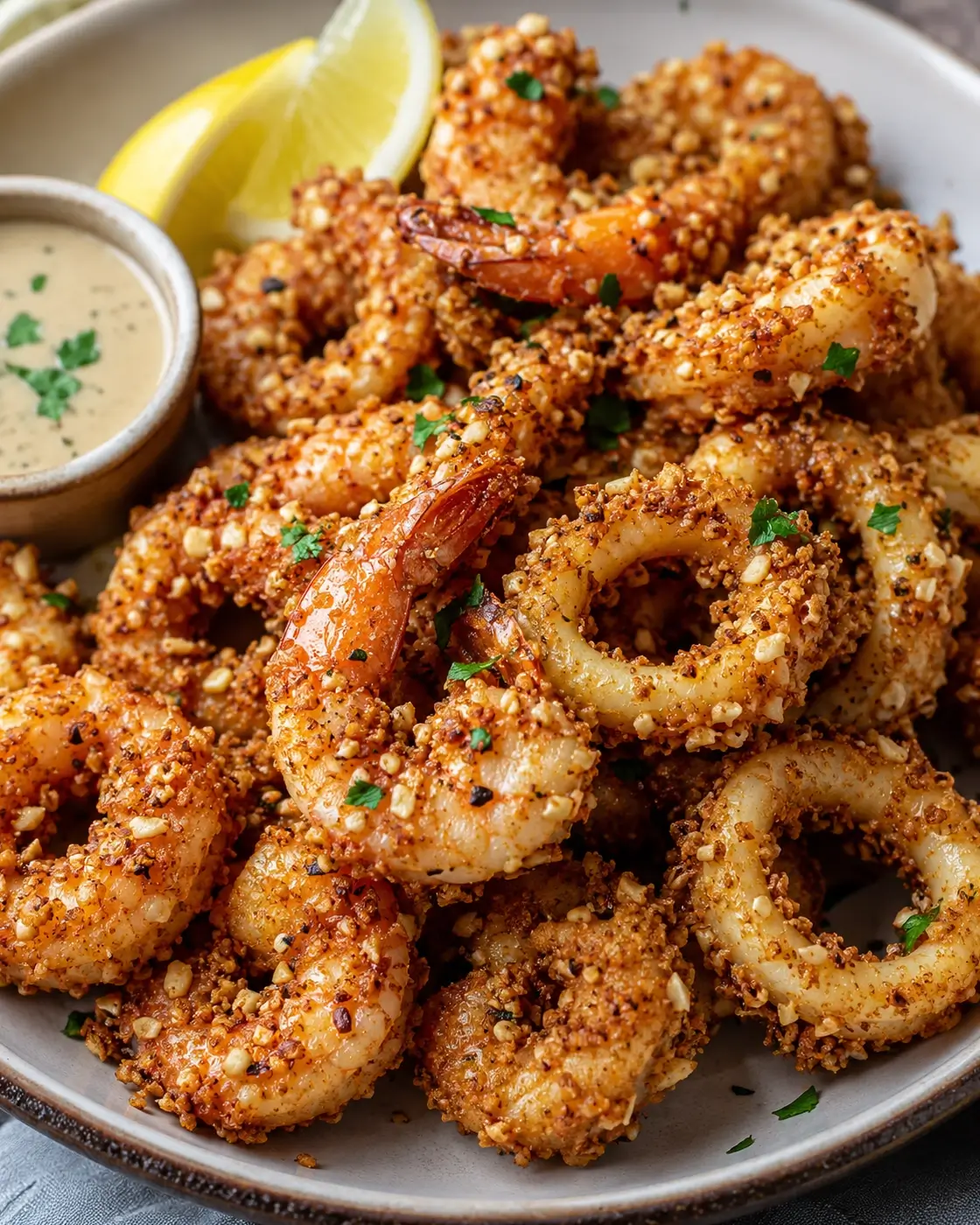 Almond-crusted calamari rings and shrimp with lemon wedges and dipping sauce.