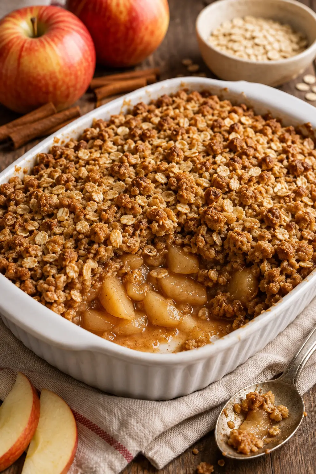 Apple crisp with golden oat crumble topping in a white baking dish.