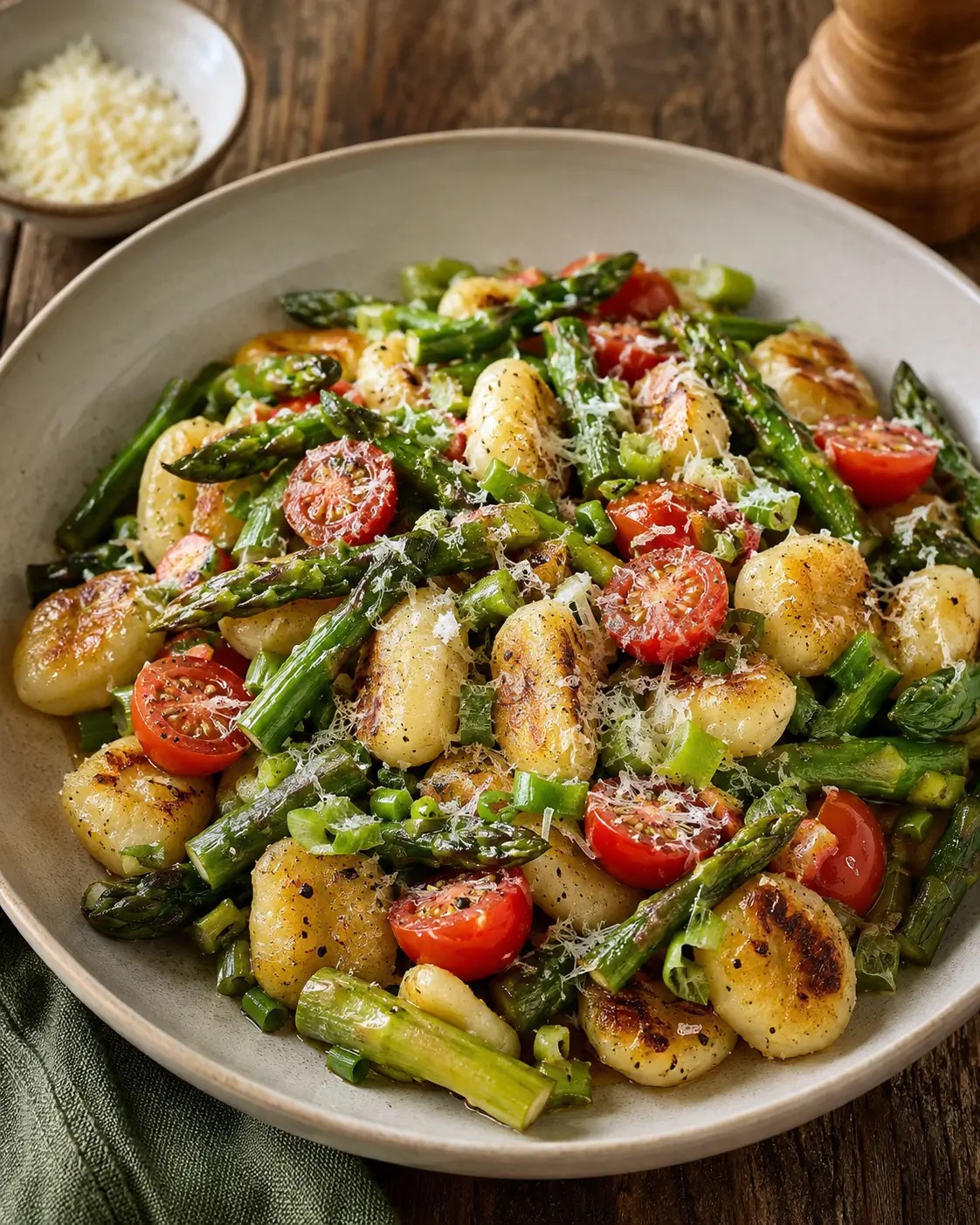 Pan-fried asparagus and gnocchi with melted Grana Padano and halved cherry tomatoes.