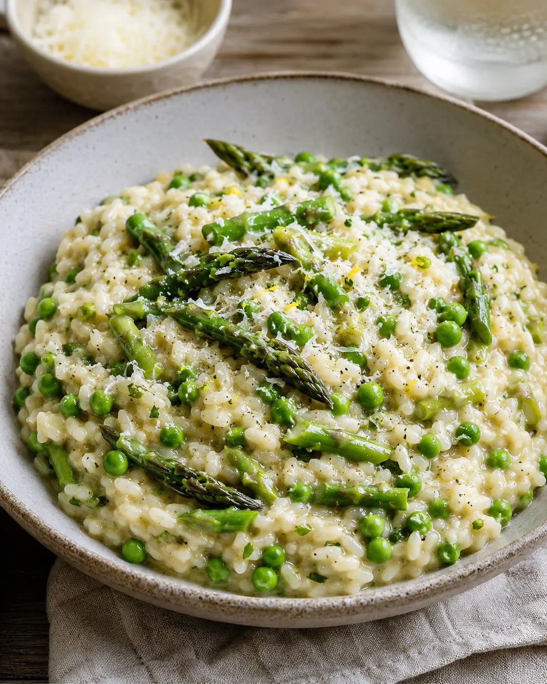Creamy asparagus and pea risotto with asparagus tips and green peas in a shallow bowl.