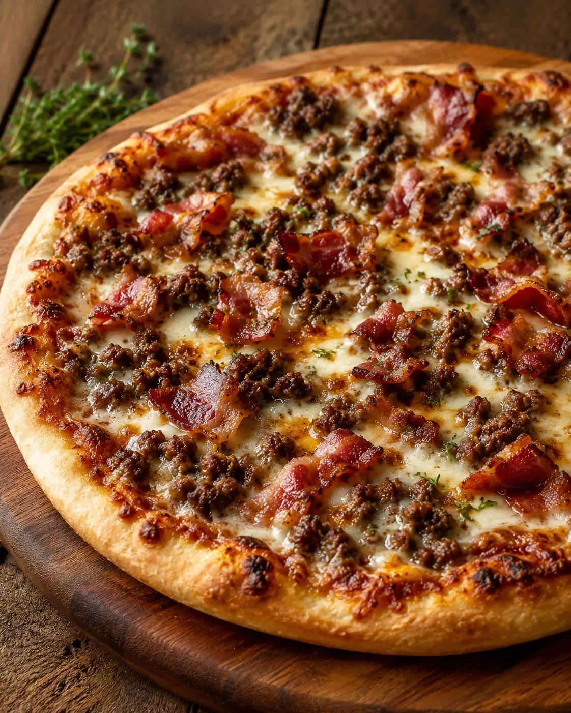 Bacon and bison pizza with browned mozzarella, crumbled bison and crisp bacon.