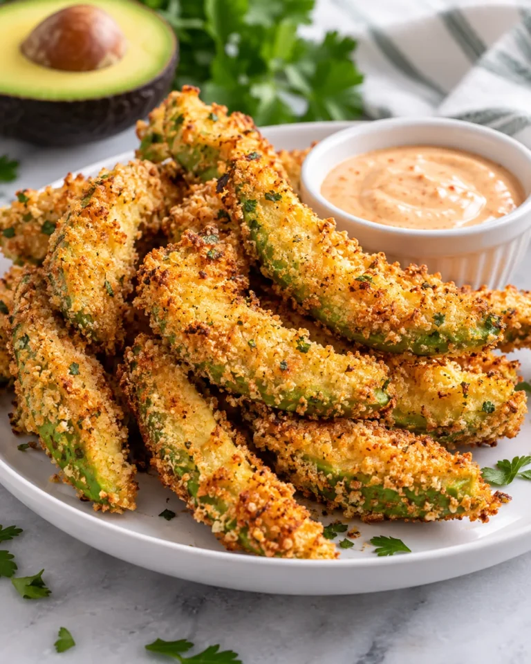 Crispy baked avocado fries arranged on a white plate.