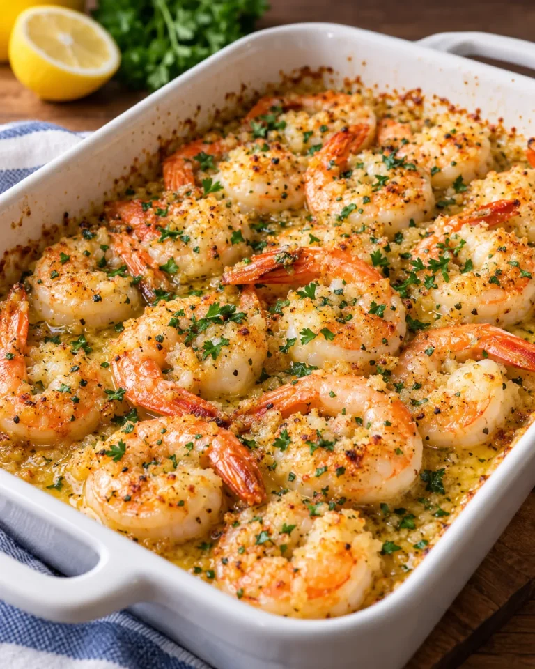 Baked shrimp scampi with garlic-lemon butter, crisp breadcrumbs and parsley in a white baking dish.