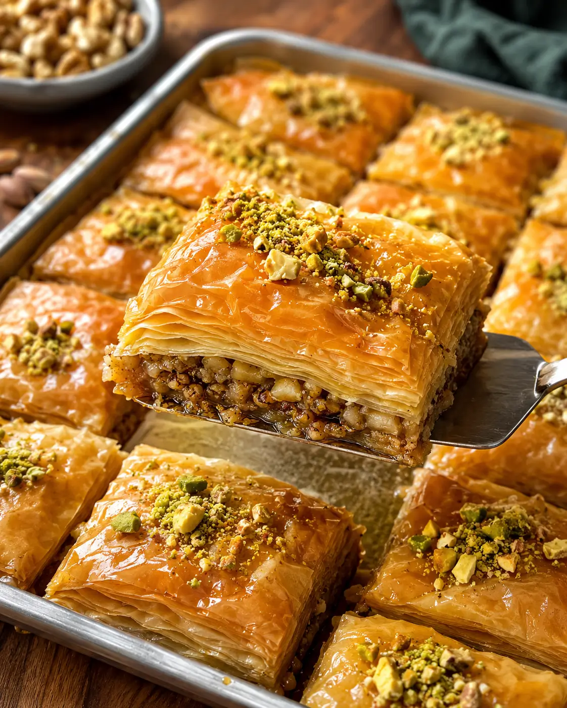 Golden walnut baklava pieces with crisp phyllo layers on a white plate.