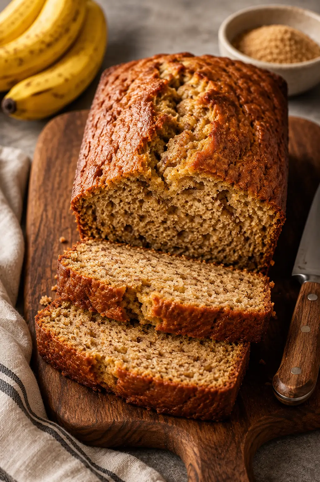 Sliced moist banana bread with a golden brown crust on a white plate.