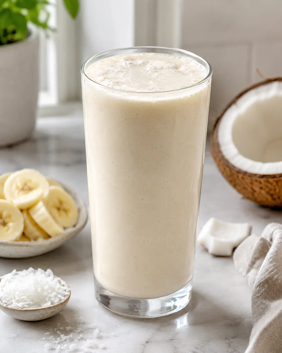 Creamy banana coconut protein shake in a clear glass with banana and coconut beside it.