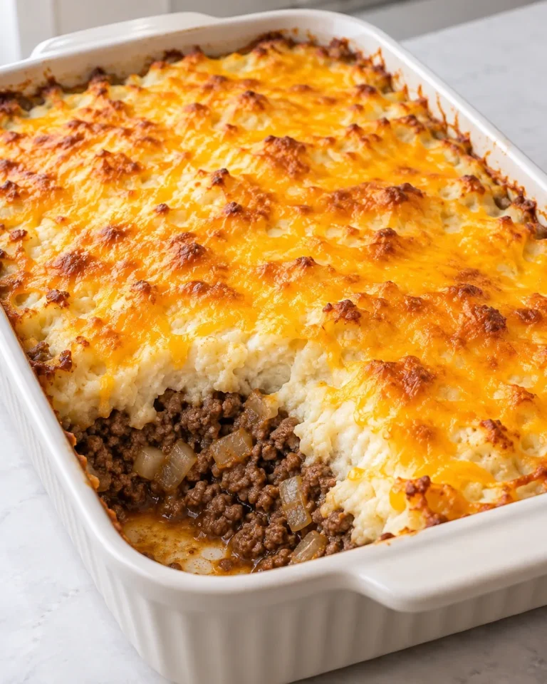 Beef and mock potato casserole with a golden cheddar cauliflower topping.