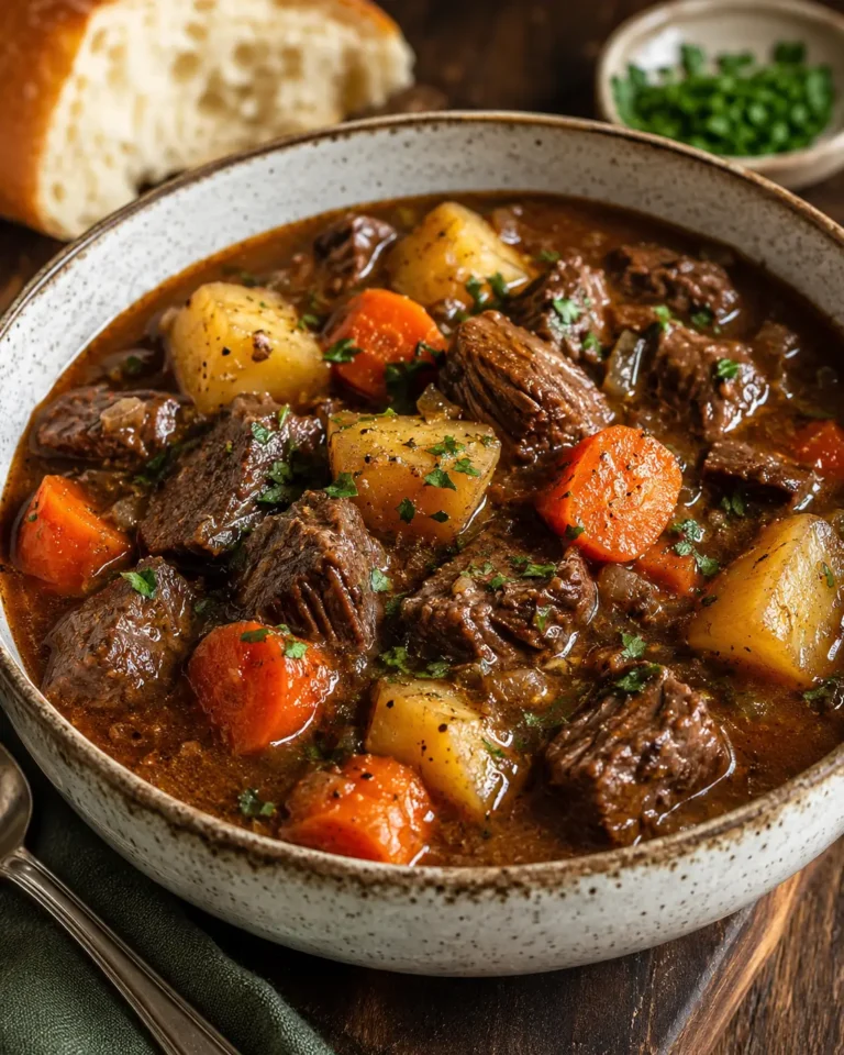 Bowl of slow-simmered beef stew with tender beef, potatoes and carrots in rich gravy.