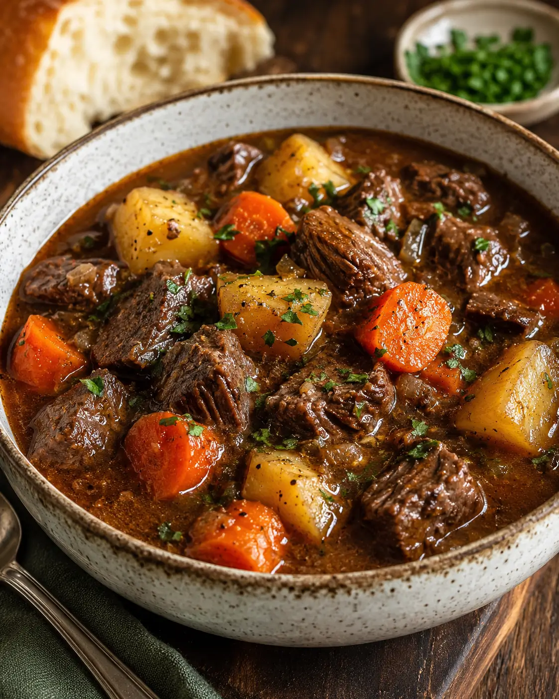 Bowl of slow-simmered beef stew with tender beef, potatoes and carrots in rich gravy.