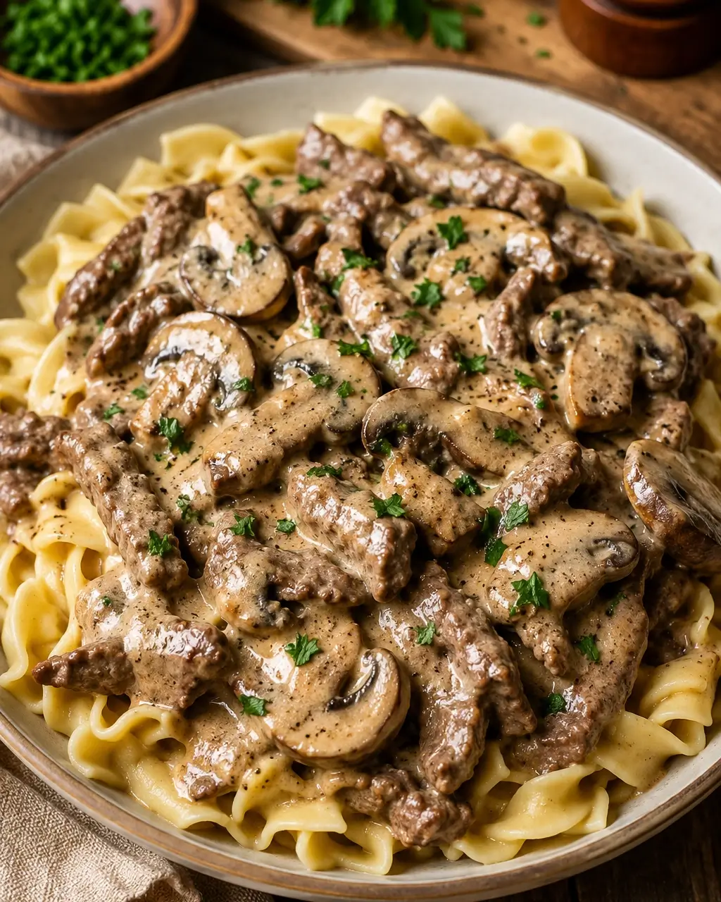 Creamy beef stroganoff with mushrooms and egg noodles in a white bowl.