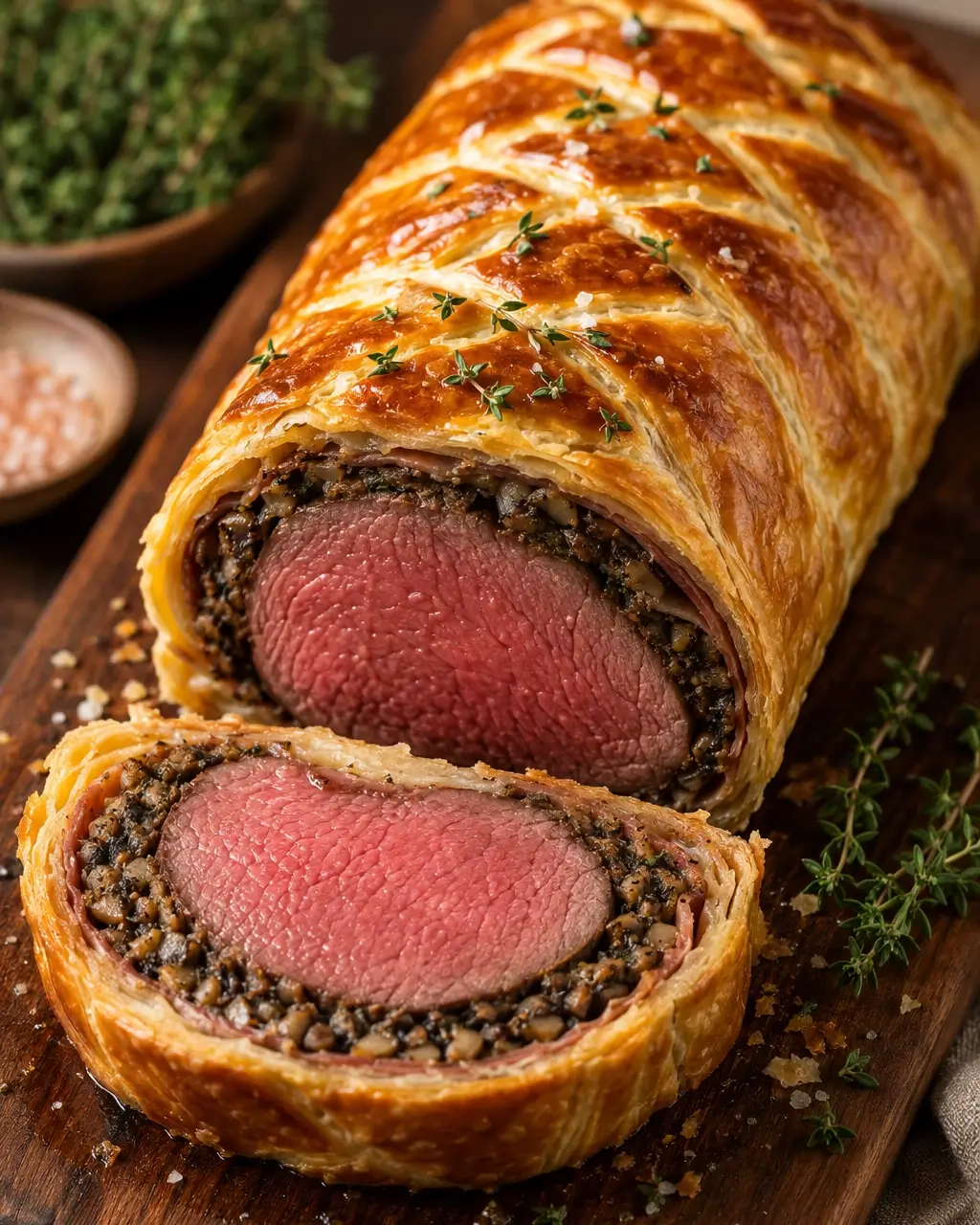 Sliced Beef Wellington showing golden puff pastry, mushroom layer and tender beef center.
