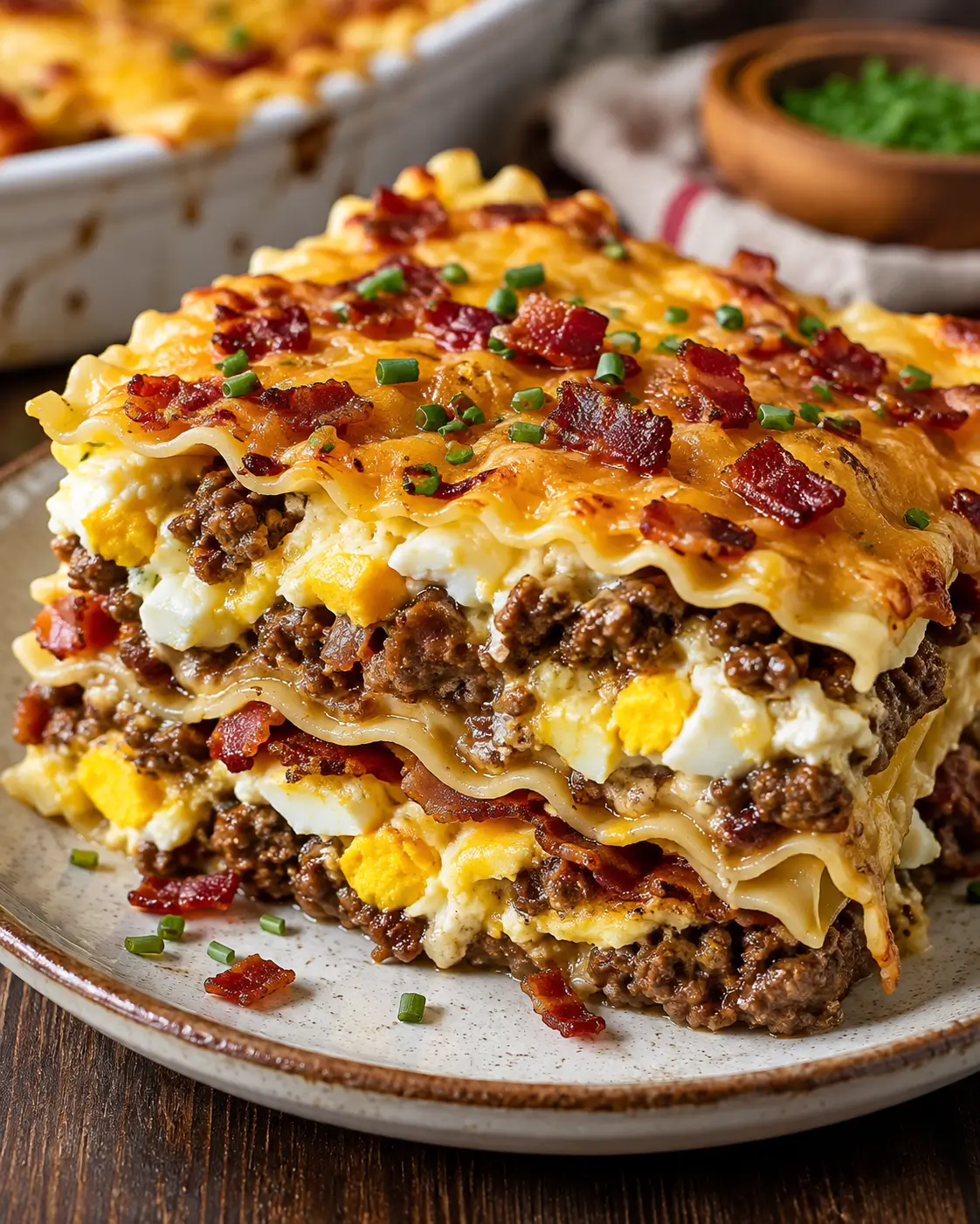 Slice of bison, bacon and egg lasagna showing layered egg sheets, meat sauce and melted cheese.