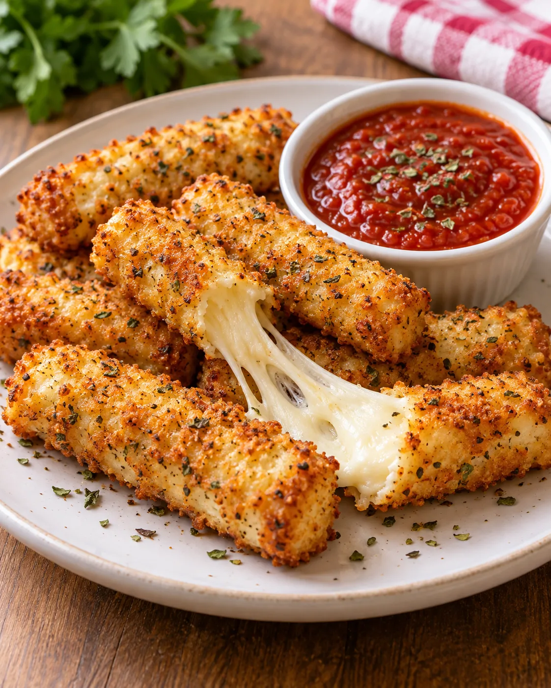 Golden breadless mozzarella sticks with a crisp coating.