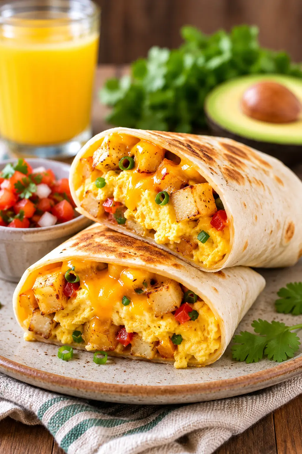 Breakfast burrito cut open to show scrambled eggs, potatoes and melted Monterey Jack cheese.