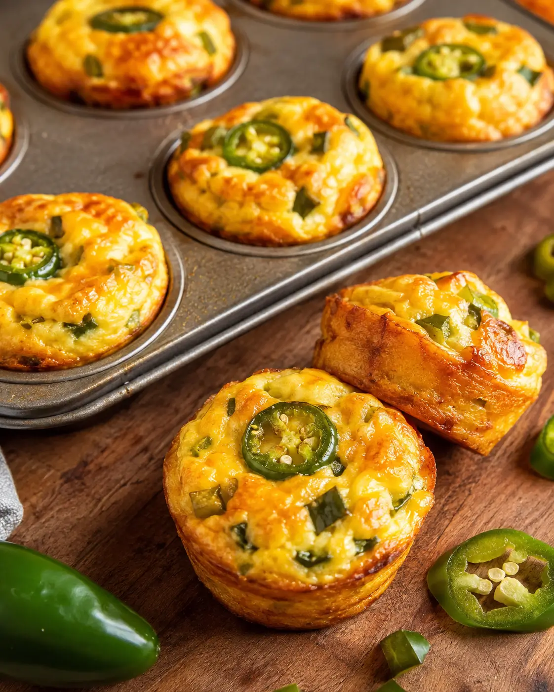 Golden jalapeño breakfast egg muffins in a muffin tin with sliced jalapeños.