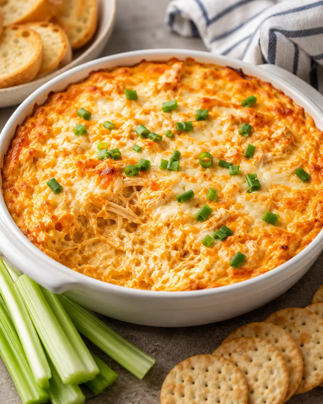 Creamy Buffalo chicken dip in a white serving bowl topped with melted cheddar and sliced green onions.