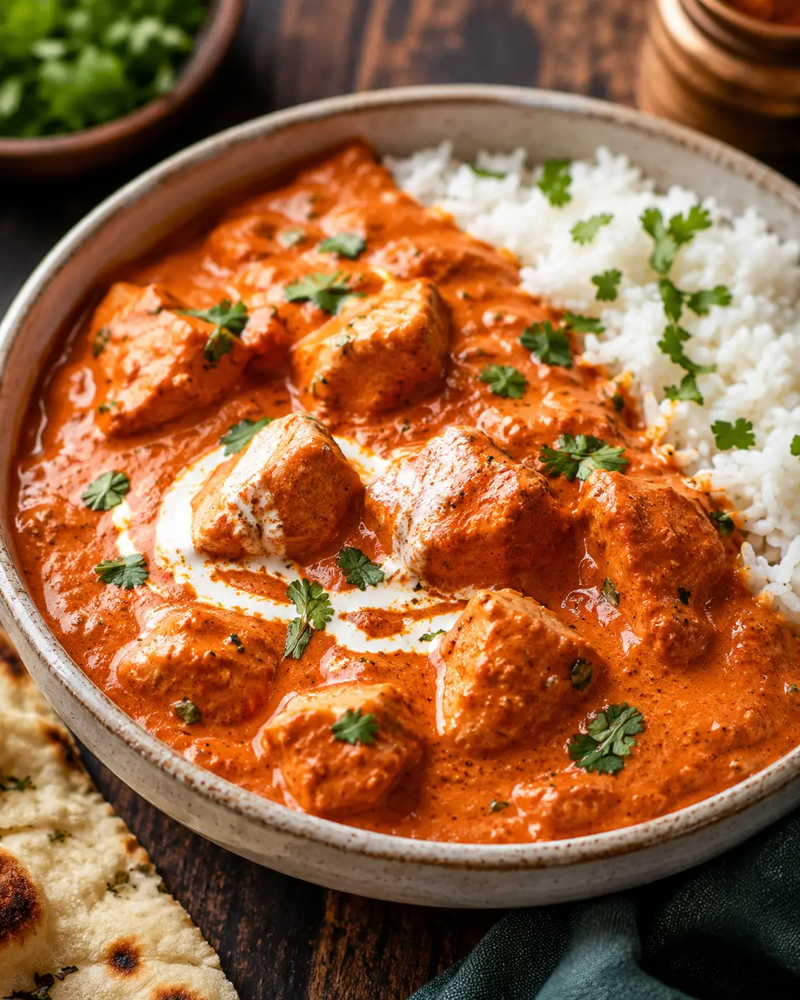Creamy butter chicken in a bowl with tomato sauce and cilantro.