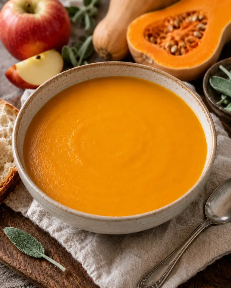 Bowl of smooth roasted butternut squash soup with apple.