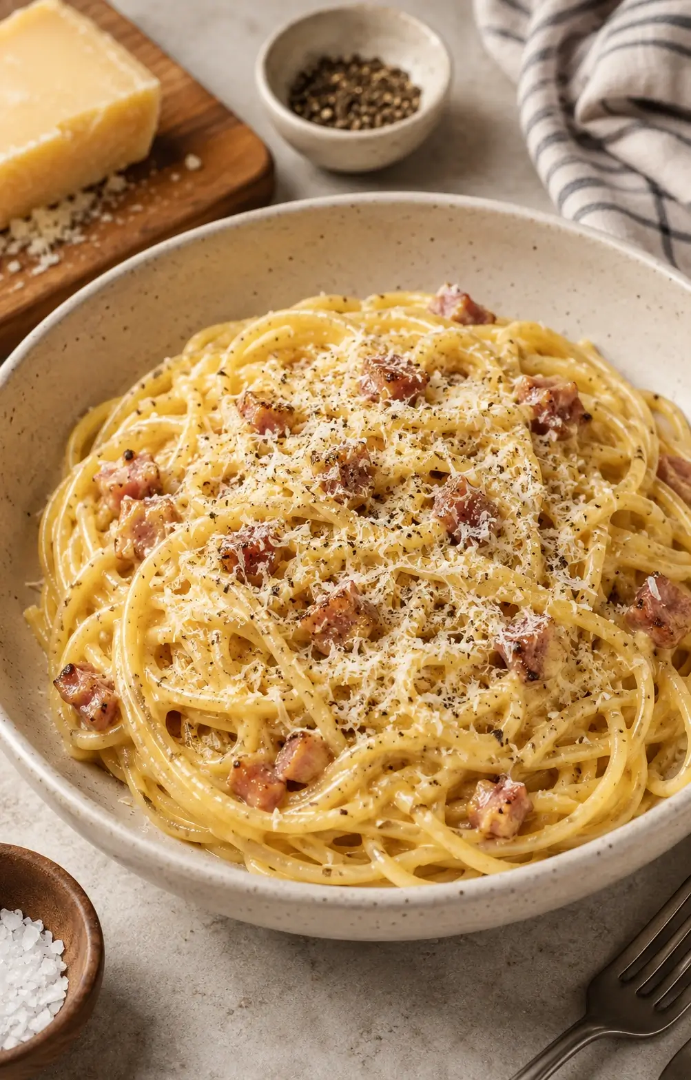 Spaghetti carbonara with guanciale, Pecorino Romano and black pepper in a white bowl.