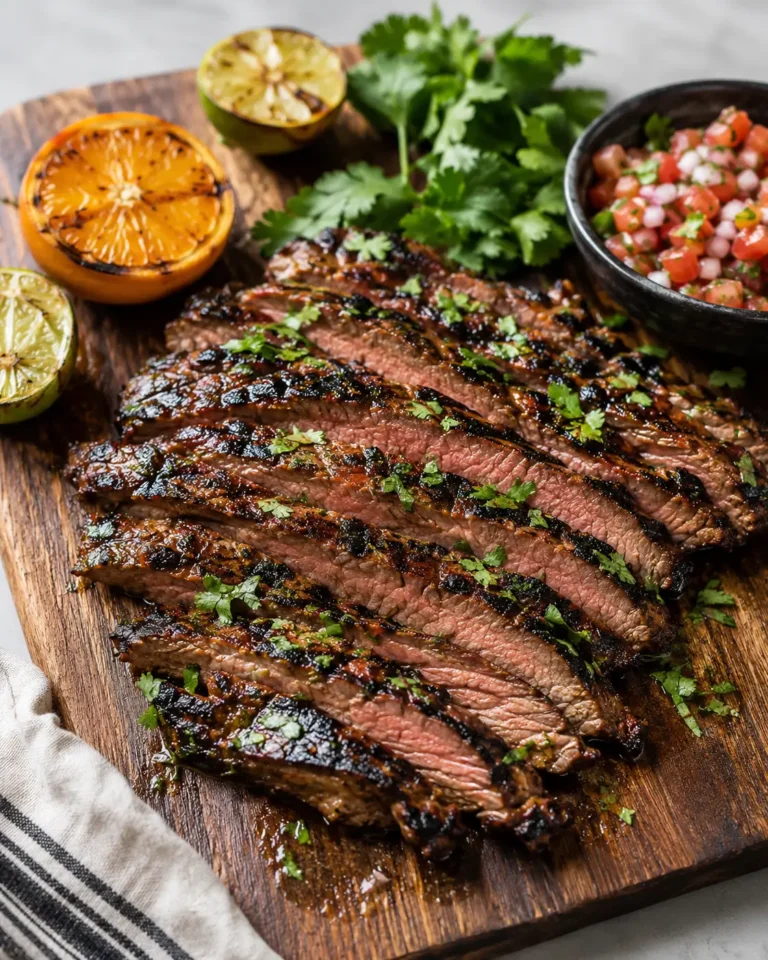 Sliced citrus-marinated carne asada with charred edges, cilantro and lime wedges on a white platter.
