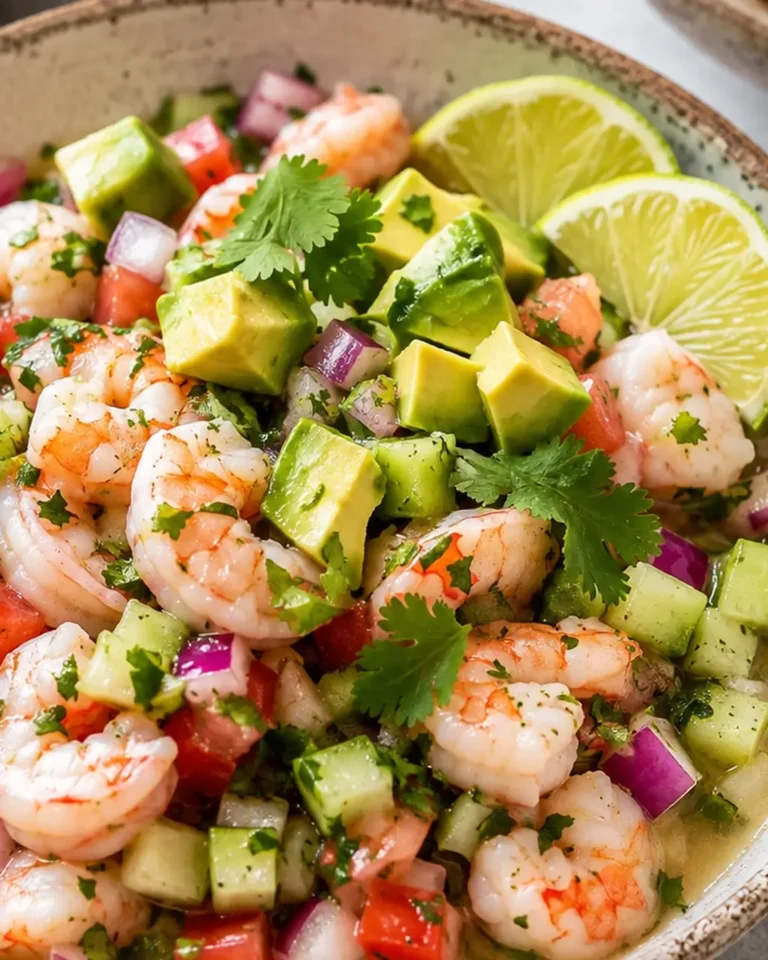 Citrus-marinated shrimp ceviche with tomato, cucumber, avocado, red onion and cilantro in a speckled bowl.
