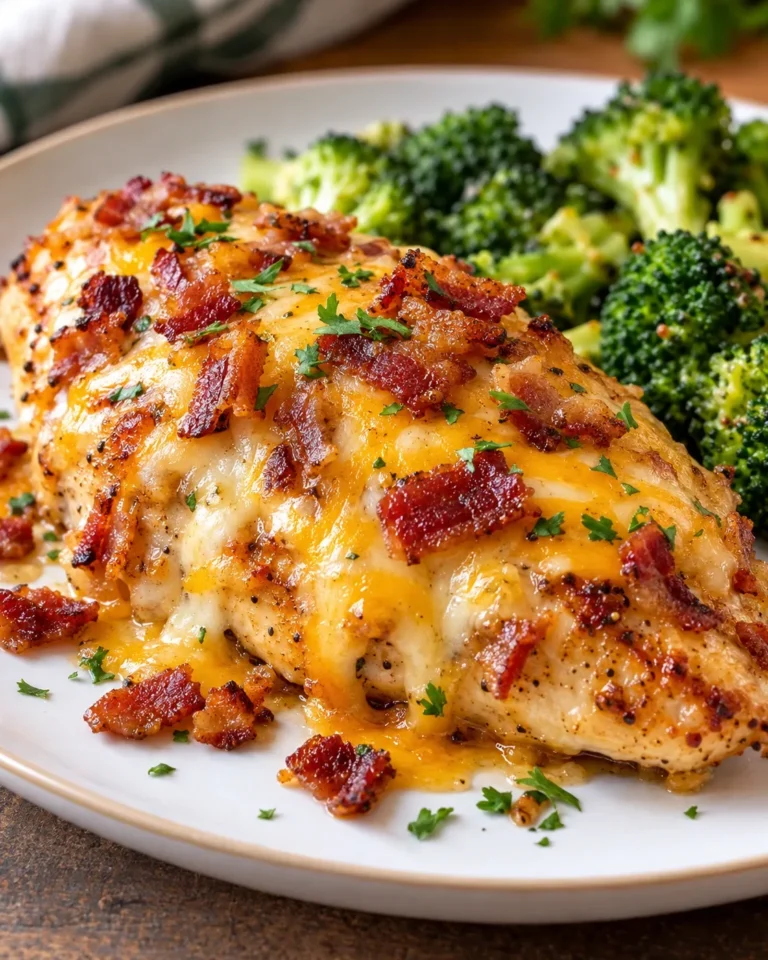 Cheesy bacon chicken breasts topped with melted cheddar and crisp bacon.
