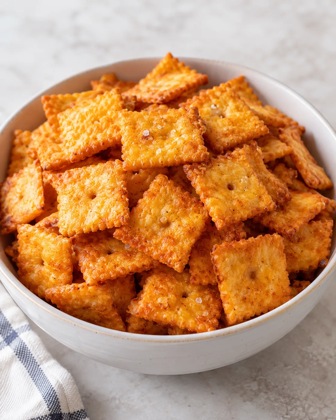 Homemade square cheddar cheese crackers baked crisp and golden.