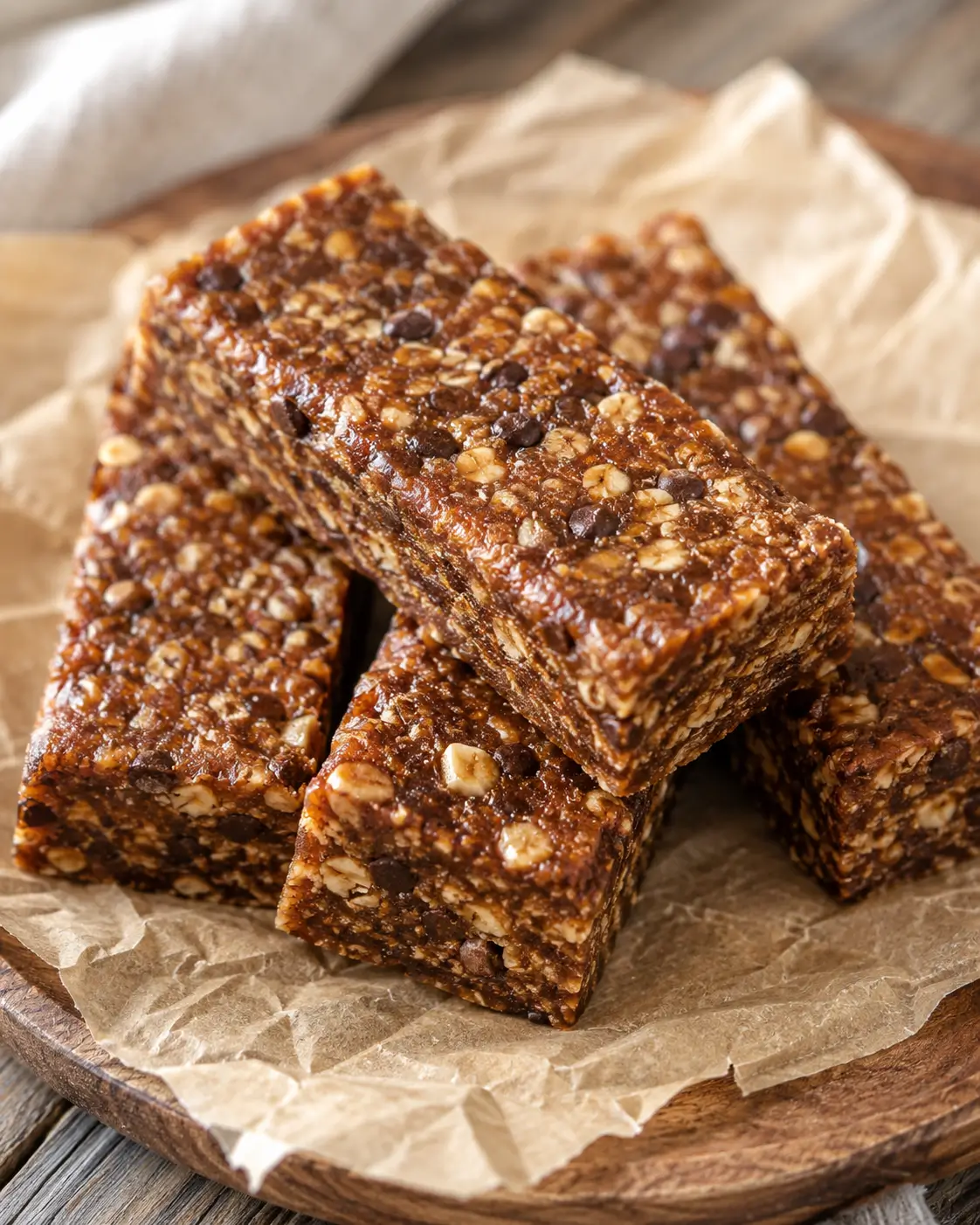 Stacked homemade chewy protein bars with oats, peanuts and chocolate chips on parchment.