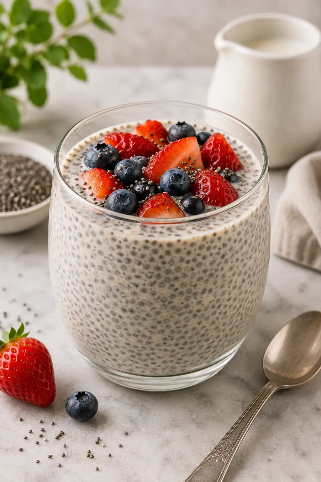 Creamy chia seed pudding in a clear glass bowl.