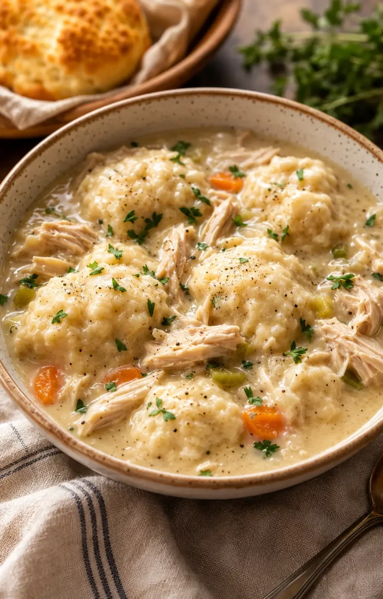 Homestyle chicken and dumplings with fluffy dumplings, shredded chicken, carrots, celery and peas in a creamy broth.