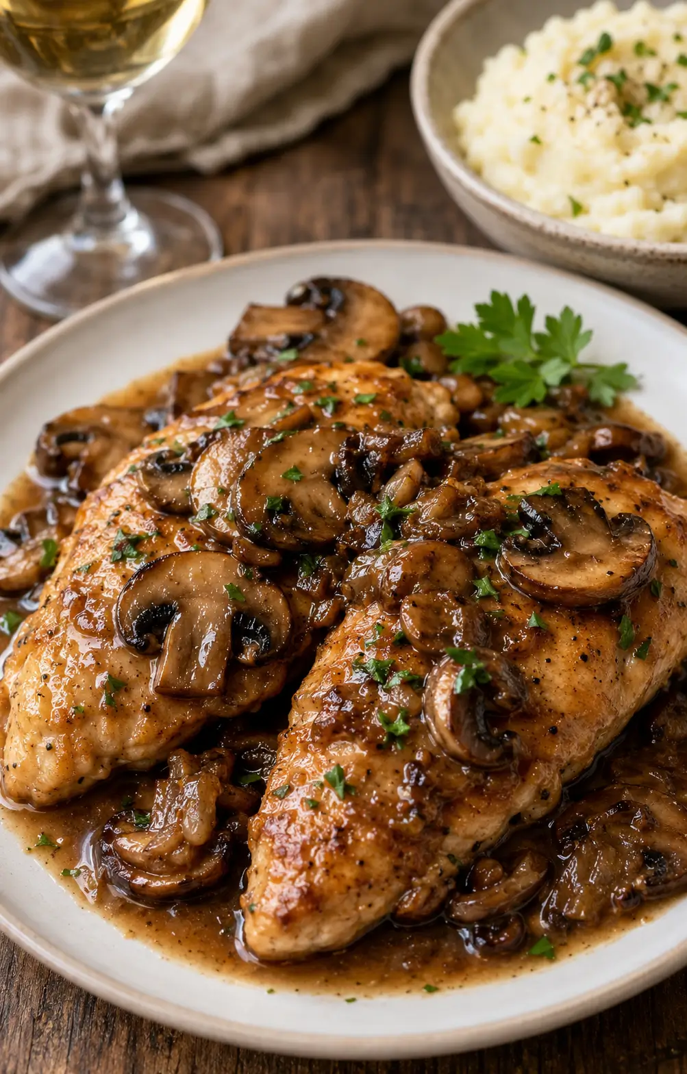 Chicken Marsala with mushrooms in a glossy Marsala pan sauce.