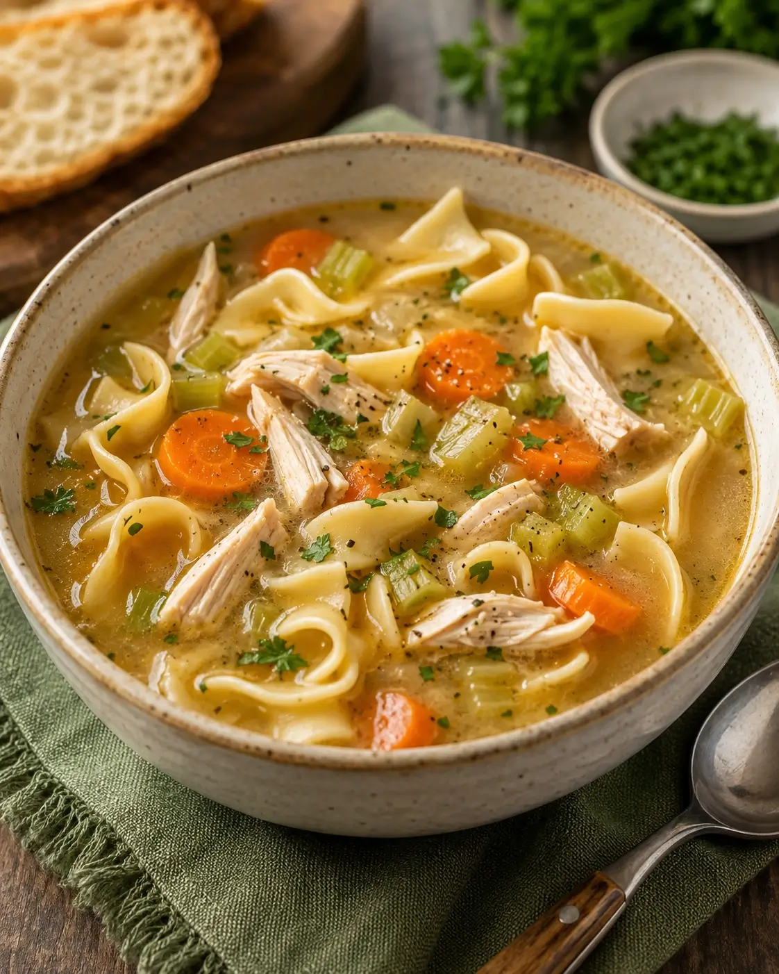 Bowl of homestyle chicken noodle soup with shredded chicken, egg noodles, carrots, celery and parsley.