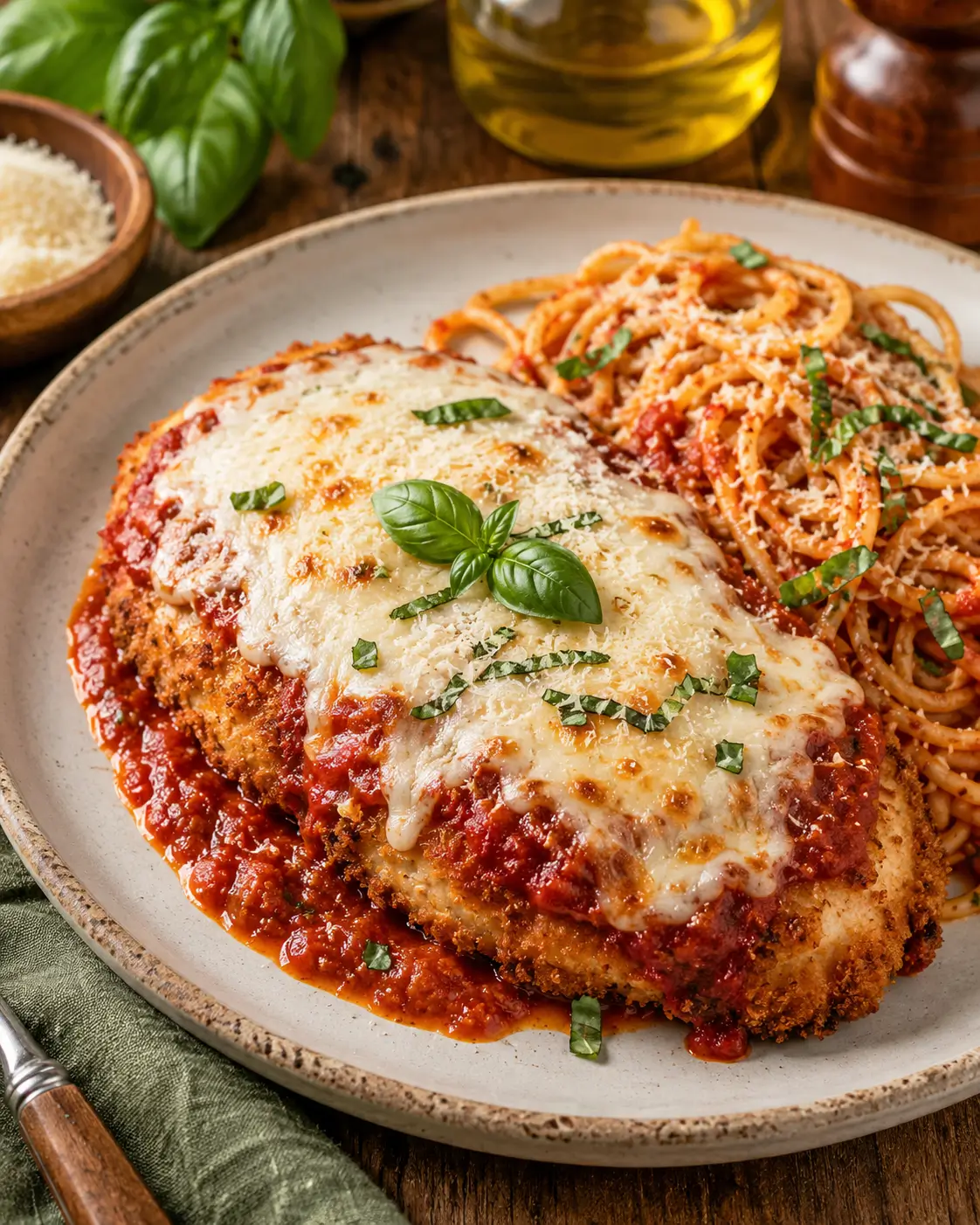 Crispy chicken Parmesan cutlets topped with marinara, melted mozzarella and basil.
