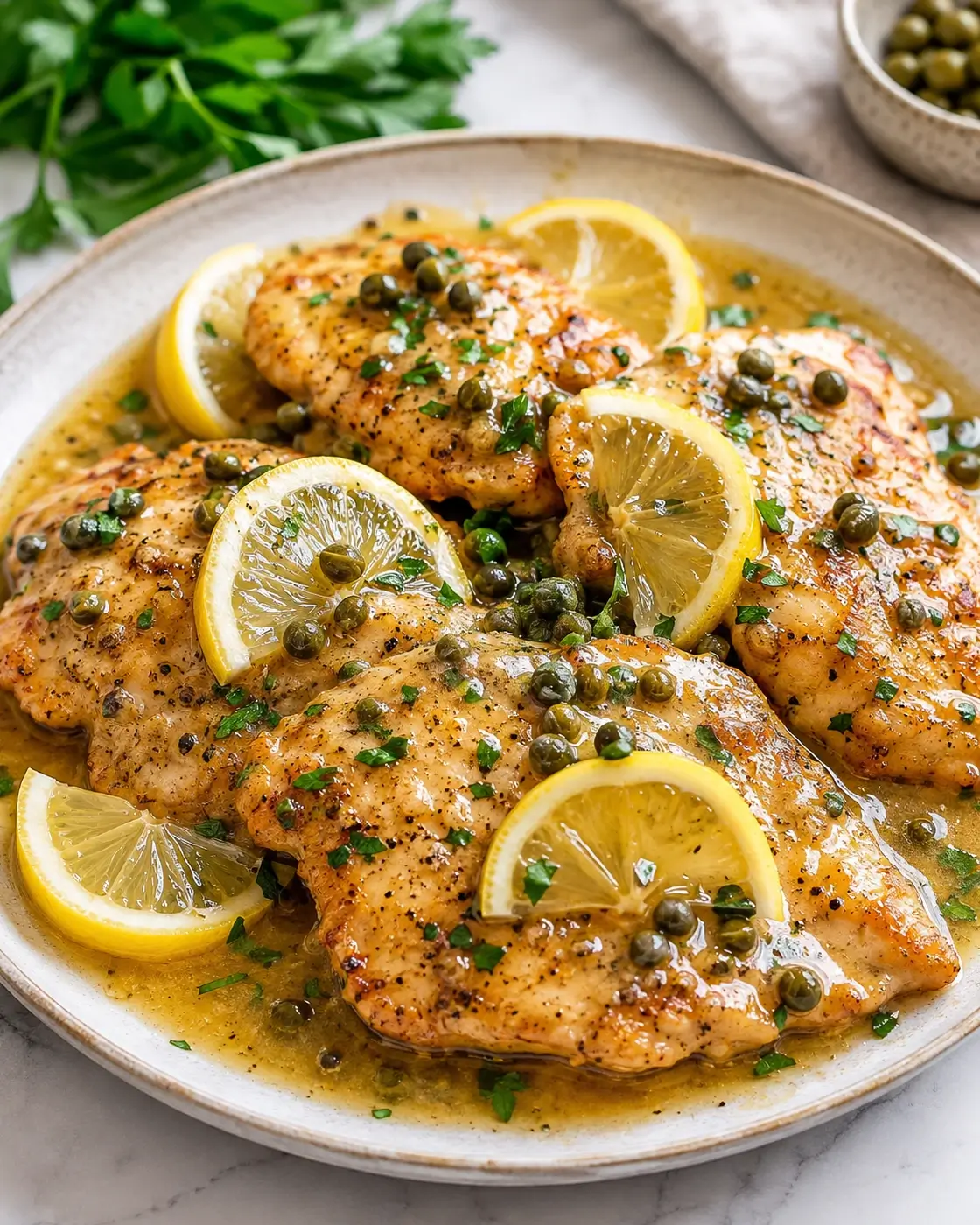 Chicken piccata cutlets with lemon butter sauce, capers and parsley.