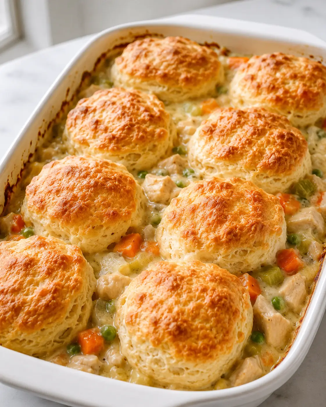 Chicken pot pie with golden biscuit topping in a white baking dish