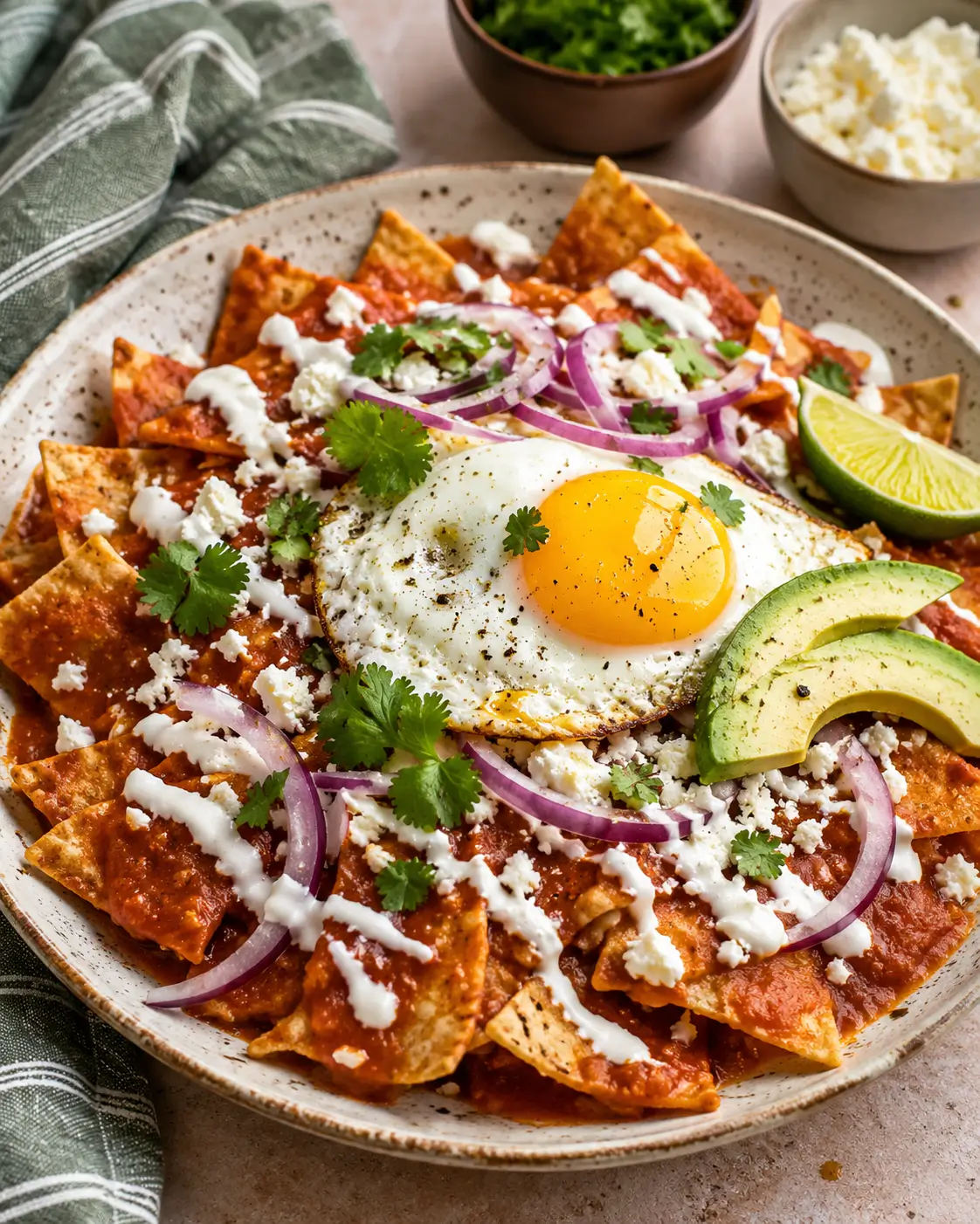 Chilaquiles topped with a fried egg, avocado, crema, queso fresco, red onion and cilantro.