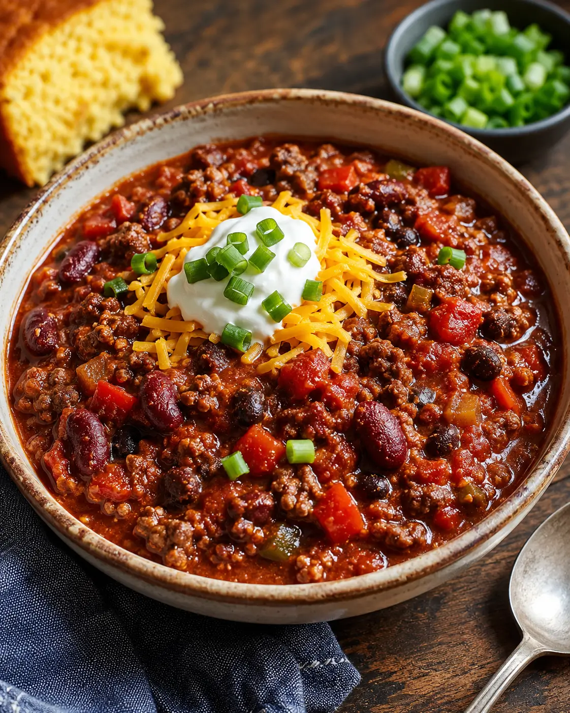 Bowl of hearty beef and bean chili with kidney and pinto beans in a rich tomato sauce