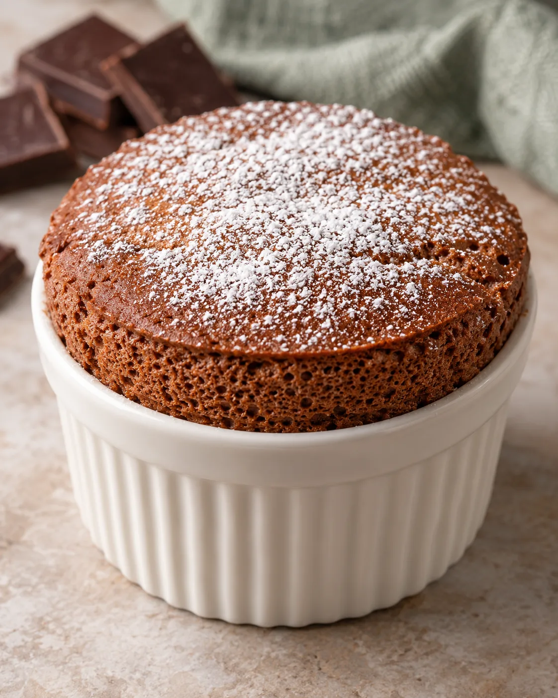 Chocolate whey soufflé in a white ramekin with a tall risen chocolate top.