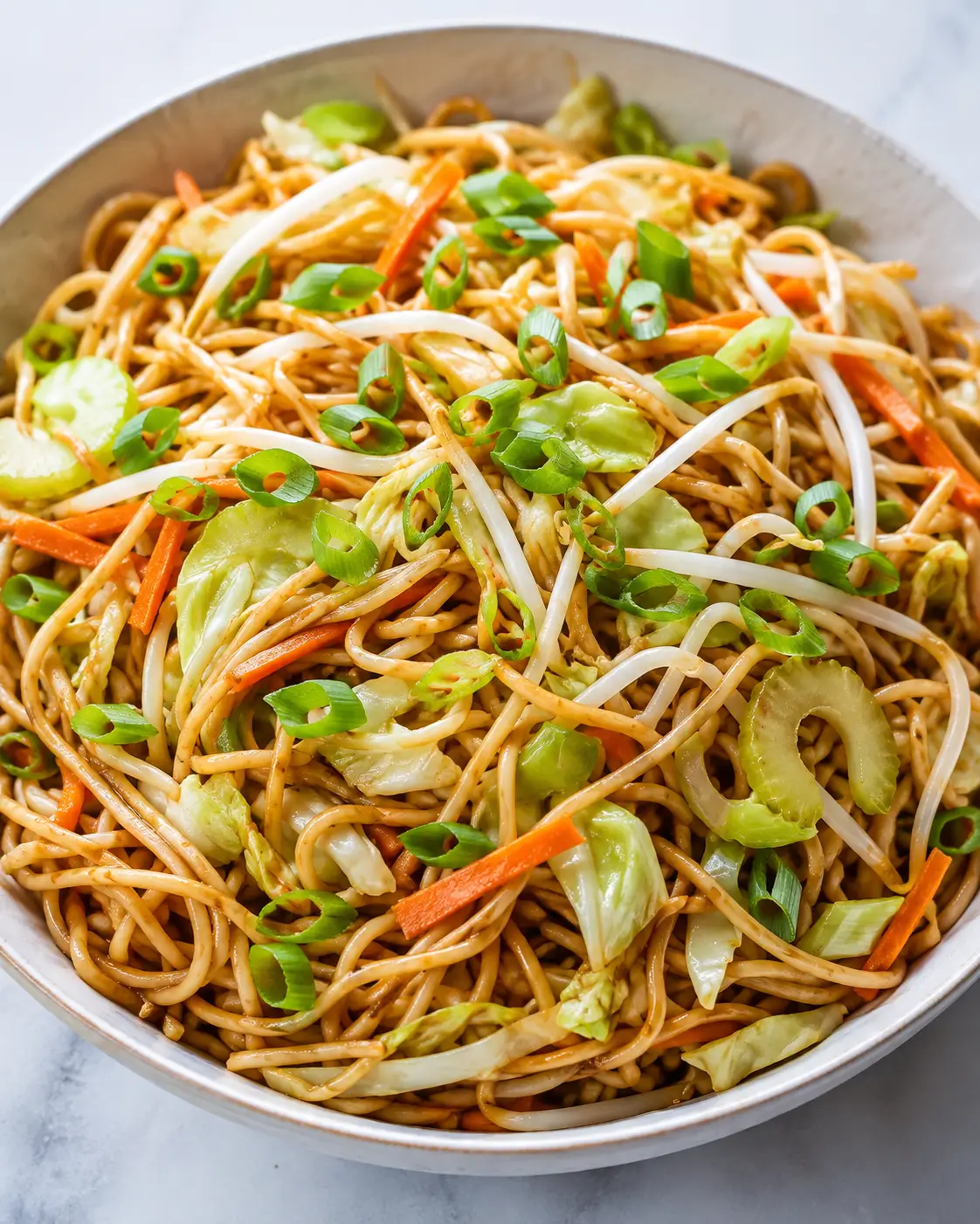 Chow mein noodles with cabbage, carrots, celery, bean sprouts and green onions.