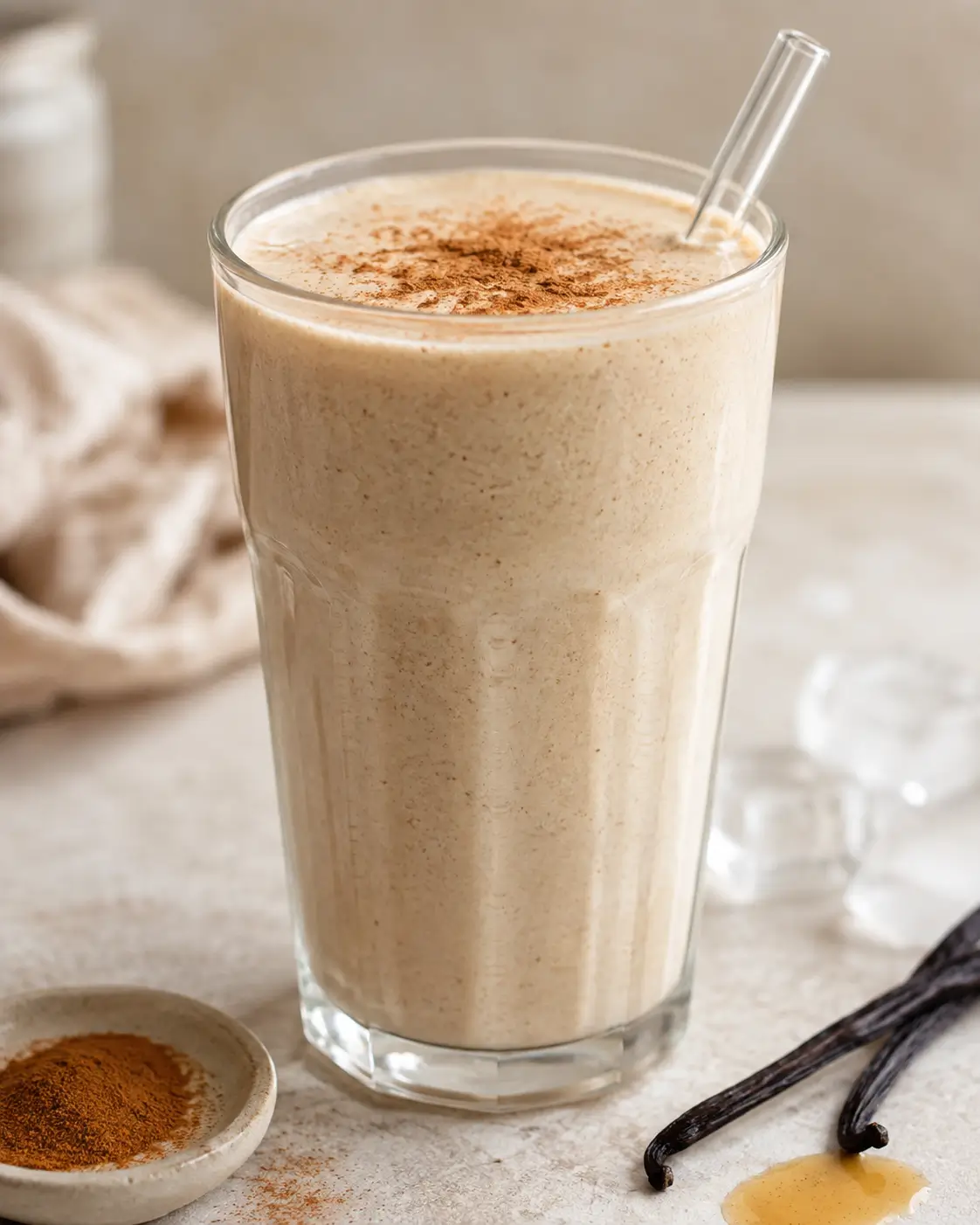Creamy cinnamon vanilla protein shake in a tall glass dusted with cinnamon.