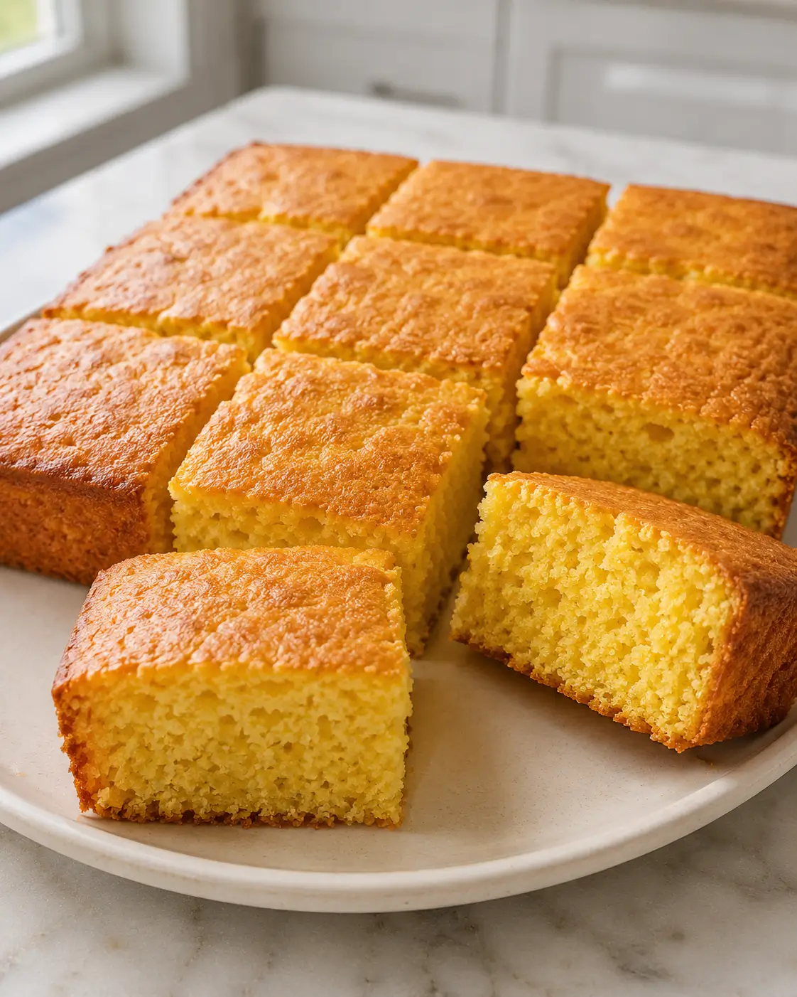 Golden homemade cornbread cut into squares on a light serving plate.