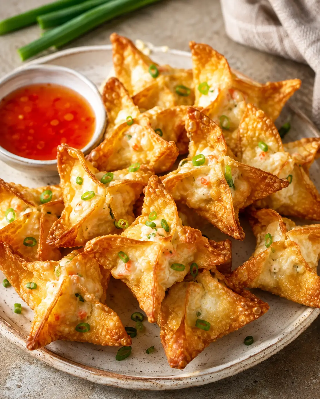 Crispy crab rangoon on a white plate with golden, blistered wonton wrappers.