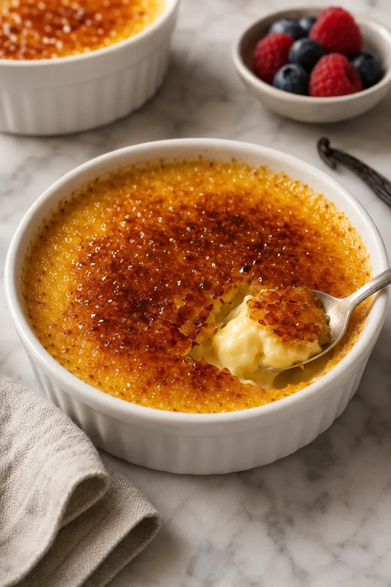 Classic creme brulee in a white ramekin with a crisp caramelized sugar top.