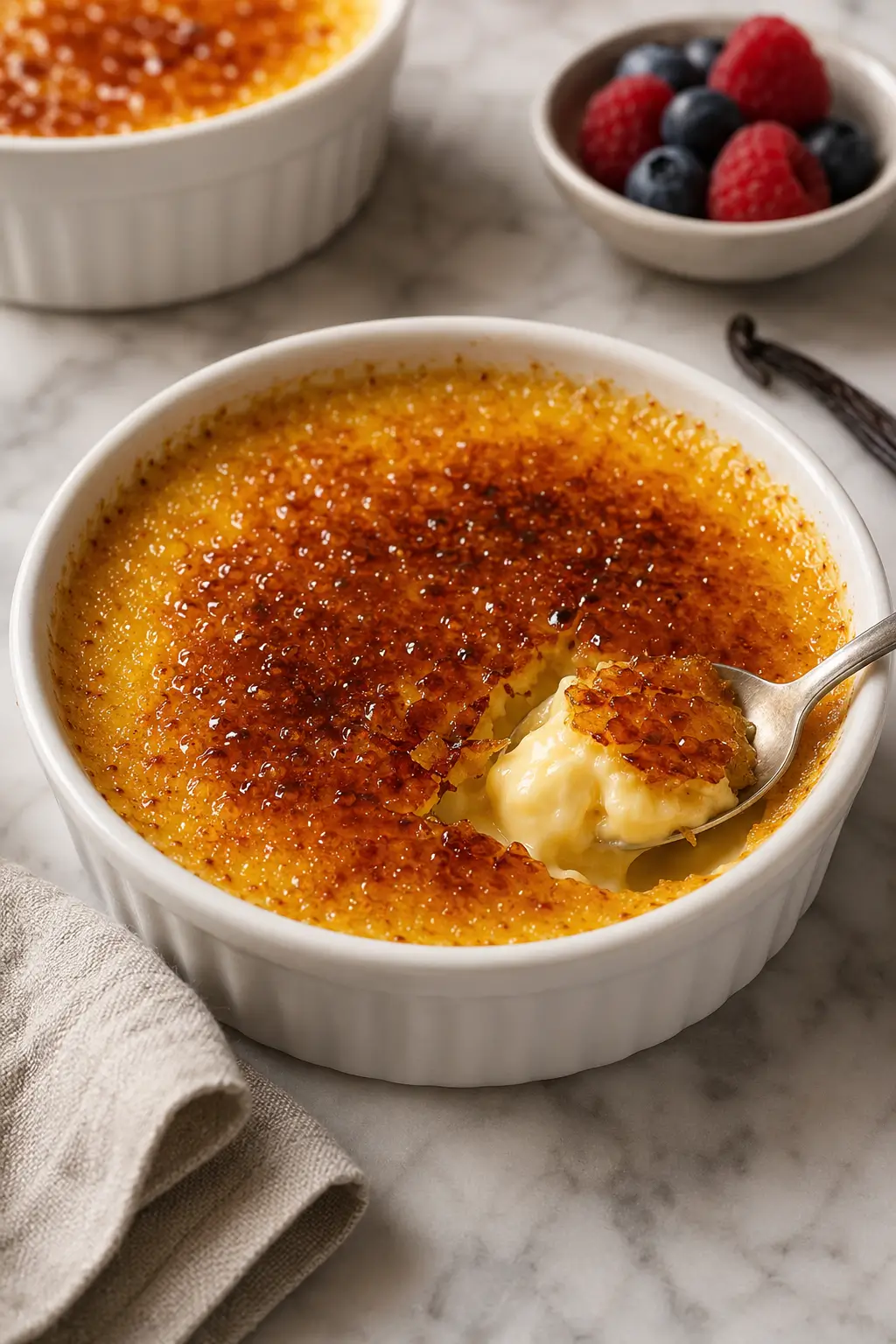 Classic creme brulee in a white ramekin with a crisp caramelized sugar top.