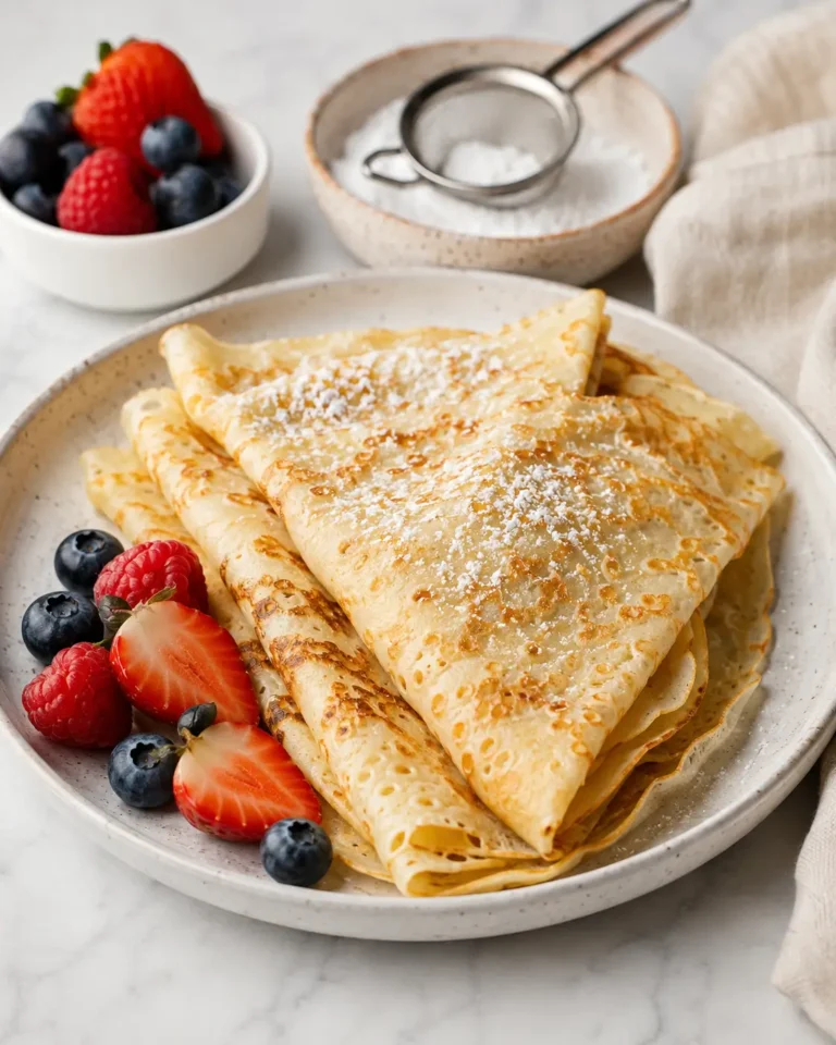 Folded golden crepes stacked on a white plate.