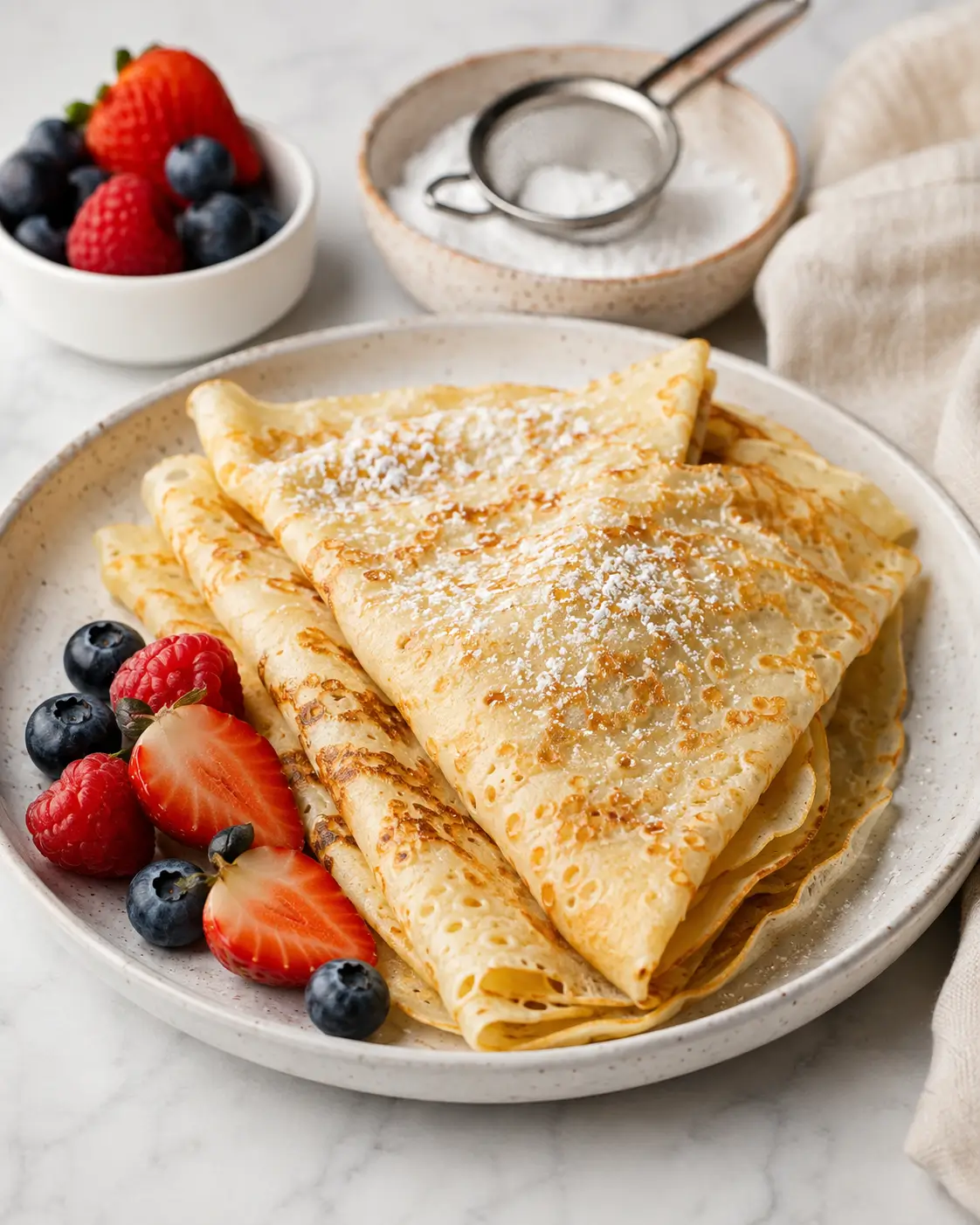 Folded golden crepes stacked on a white plate.