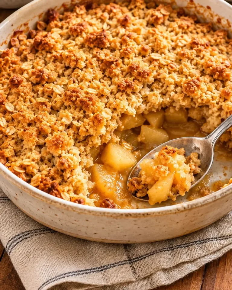 Apple crumble with a golden oat topping and tender apple filling in a white baking dish.