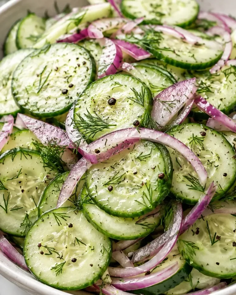 Cucumber salad with dill and red onion in a white serving bowl